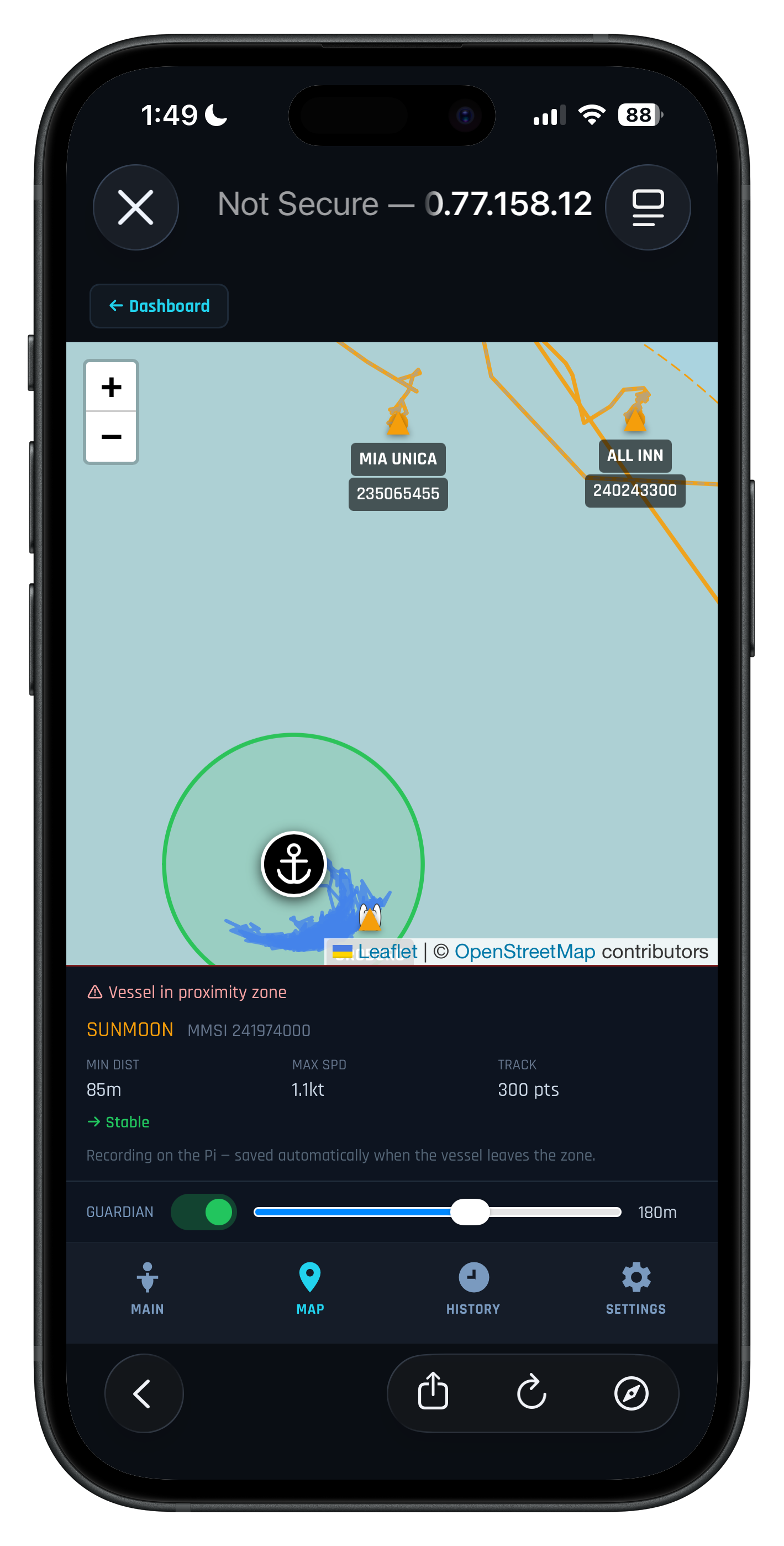 Anchor watch on a phone — allowed zone circle, boat swing track, and nearby AIS vessels on the map
