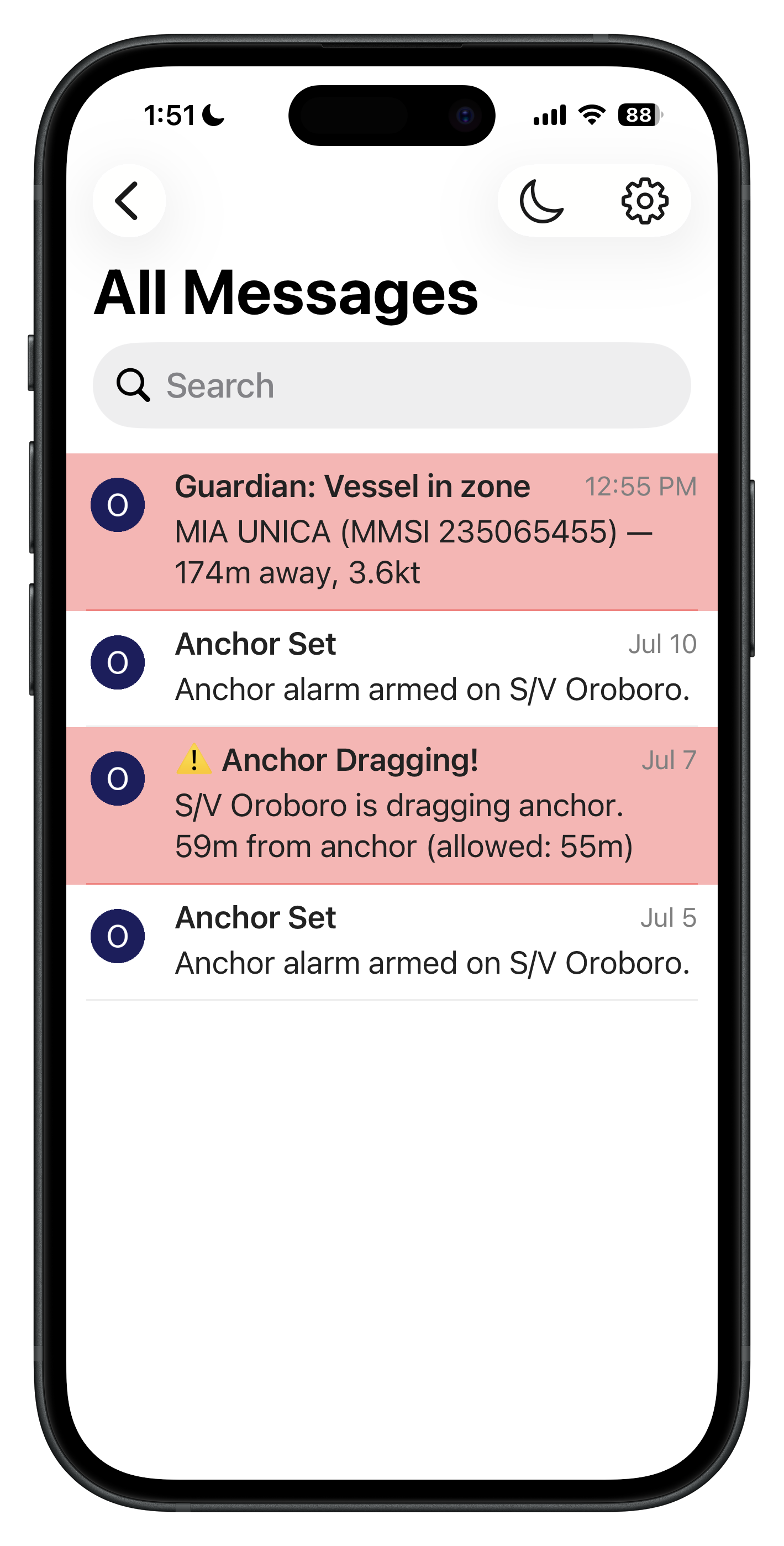 Guardian push notifications on a phone — vessel-in-zone and anchor-dragging alerts with distance and speed